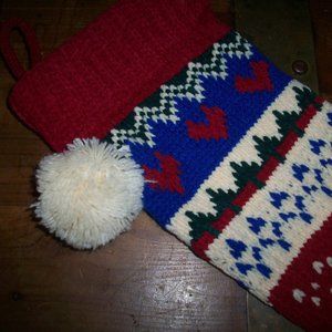 Knit Holiday Stocking Lg 20" Red Green Blue Pom Pom Christmas Decoration